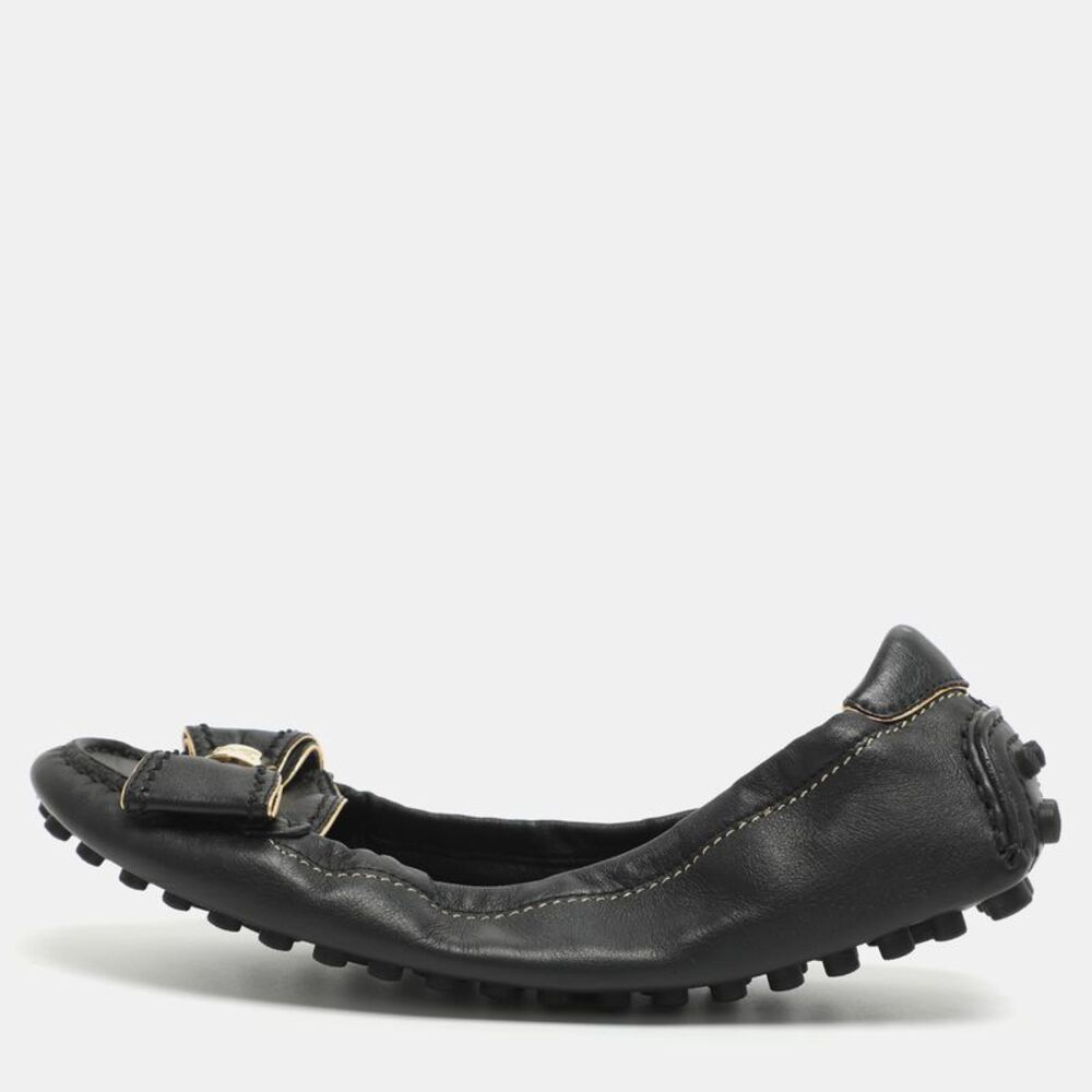 Louis Vuitton Bow Size 34.5 Black Leather Scrunch Ballet Flats